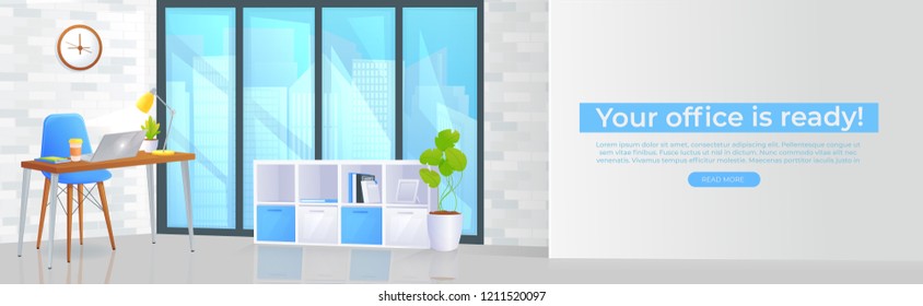 Office furniture design banner. Workplace with table and laptop and coffee. Modern interior . Landing Page Website conept Vector cartoon illustration