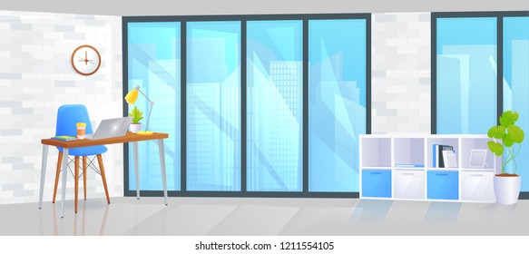 Office furniture design banner. Workplace with table and laptop and coffee. Modern interior . Landing Page Website conept Vector cartoon illustration