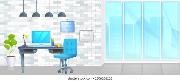 Office furniture design banner. Workplace with table and laptop and coffee. Modern interior . Landing Page Website Vector concept cartoon illustration 
