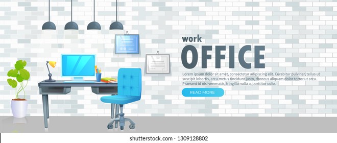 Office furniture design banner. Workplace with table and laptop and coffee. Modern interior . Landing Page Website Vector concept cartoon illustration 