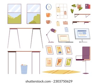 Office furniture elements in flat cartoon design. Vector windows and lamps, pictures and clock, computer monitors and shelf, workplaces or home office furniture