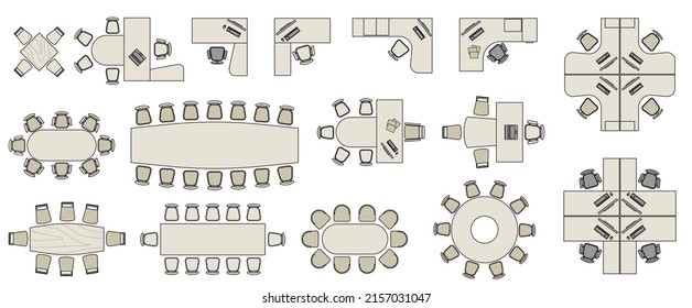 Office Furniture elements top view vector set. Kit for plan of office, house, apartment, workspace. Colorful collection of Interior icon. Table, chair, sofa, plant. Symbol for interior design, project