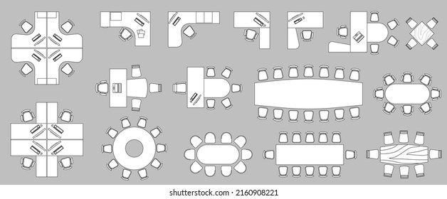 Office Furniture elements top view vector set. Kit for plan of office, house, apartment, workspace. Collection of Interior icon. Table, chair, sofa, plant. Symbol for interior design, project