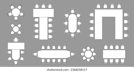 Büromöbelelemente mit Draufsicht, Vektorset. Kit für die Planung von Hörsaal, Klassenzimmer, Haus, Arbeitsbereich. Sammlung des Innenraums Symbol. Tisch, Stuhl, Sofa, Pflanze. Symbol für Innenausstattung, Projektzeichen