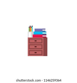 Office furniture and equipment. Office furniture, bedside table with folders and documents. Pixel art. Old school computer graphic. 8 bit video game. Game assets 8-bit sprite.