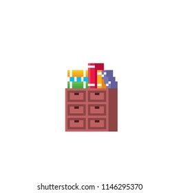 Office furniture and equipment. Office furniture, bedside table with folders and documents. Pixel art. Old school computer graphic. 8 bit video game. Game assets 8-bit sprite.