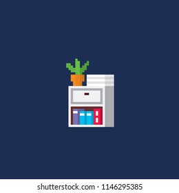 Office furniture and equipment. Office furniture, bedside table with folders and documents. Pixel art. Old school computer graphic. 8 bit video game. Game assets 8-bit sprite.