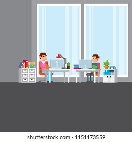 Office furniture and equipment. Office interior. Pixel art. Old school computer graphic. 8 bit video game. Game assets 8-bit sprite.