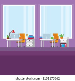 Office furniture and equipment. Office interior. Pixel art. Old school computer graphic. 8 bit video game. Game assets 8-bit sprite.