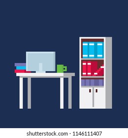 Office furniture and equipment. Pixel art. Old school computer graphic. 8 bit video game. Game assets 8-bit sprite.