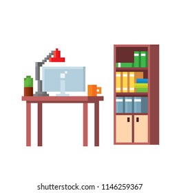 Office furniture and equipment. Pixel art. Old school computer graphic. 8 bit video game. Game assets 8-bit sprite.