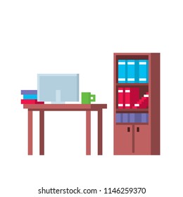 Office furniture and equipment. Pixel art. Old school computer graphic. 8 bit video game. Game assets 8-bit sprite.