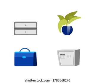 Office furniture flat color vector objects set. Chest of drawers. Corporate plant. Briefcase. Bank safe. Isolated cartoon illustration for web graphic design and animation collection