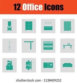 Office furniture icon set. Green on gray design. Vector illustration.