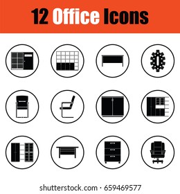 Office furniture icon set. Thin circle design. Vector illustration.