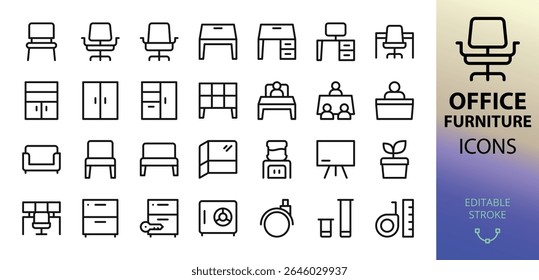 Office furniture icons set. Set of office chair, desk, cabinet, meeting room, reception, partition, drawer, presentation board, executive office, water cooler, control room furniture vector icon