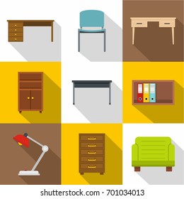 Office furniture icons set. Flat set of 9 office furniture vector icons for web with long shadow