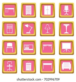 Office furniture icons set in pink color isolated vector illustration for web and any design