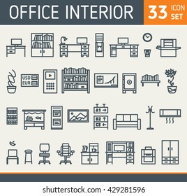 Office Furniture Icons. Set Of Thirty Three Interior Elements. Collection Of Contour Drawing Equipment Signs For Nice Design.