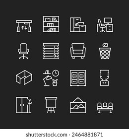 Office furniture icons, white lines on black background. Business interior, workspace - tables, chairs, cabinets, lamps, clocks, etc. Customizable line thickness