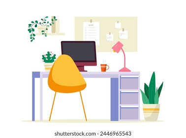 Office furniture interior concept. Yellow armchair near desk with computer and coffee. Cozy and comfortable workplace. Cartoon flat vector illustration isolated on white background