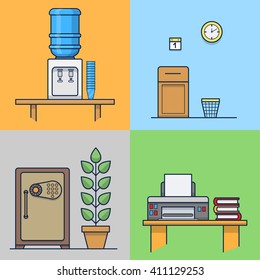 Office furniture interior flat icons. Color vector illustration