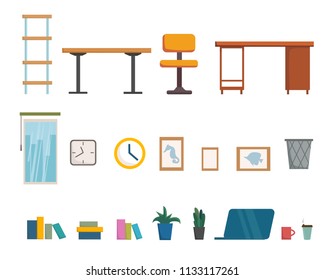 Office furniture and interior objects collection SET, room design, cartoon flat stile. Vector illustration