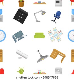 Office furniture and interior pattern icons in cartoon style. Big collection of office furniture and interior vector symbol stock illustration
