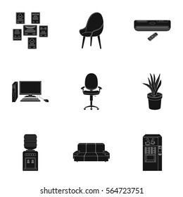Office furniture and interior set icons in black style. Big collection of office furniture and interior vector symbol stock illustration
