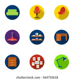 Office furniture and interior set icons in flat style. Big collection of office furniture and interior vector symbol stock illustration