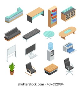 Office furniture isometric icons collection with desk computer whiteboard and leather manager chair abstract isolated vector illustration