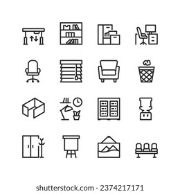 Office furniture, linear style icons set. Business office interior. Workspace. Table, chair, cabinet, blinds, lamp, filing cabinet, row of chairs, clock and more. Editable stroke width