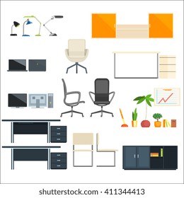 Office Furniture And Objects Flat Isolated Elements Collection In Primitive Style On White Background