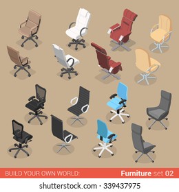 Office Furniture Set 02 Chair Seat Armchair Stool Recliner Lounge Element Flat 3d Isometry Isometric Concept Web Infographics Vector Illustration. Creative Interior Objects Collection.