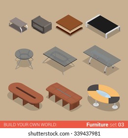 Office furniture set 03 table living meeting room element flat 3d isometry isometric concept web infographics vector illustration. Creative interior objects collection.