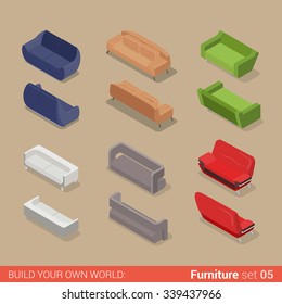 Office furniture set 05 sofa seat couch divan lounge element flat 3d isometry isometric concept web infographics vector illustration. Creative interior objects collection.