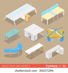 Office furniture set 06 work table two four seat element flat 3d isometry isometric concept web infographics vector illustration. Creative interior objects collection.
