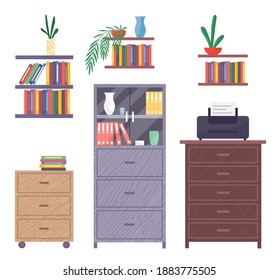 Office furniture set. Collection includes shelves with books, cabinets, chest of drawers, houseplants, paper box and printer. Furnishing, decorative elements and appliances for office interior