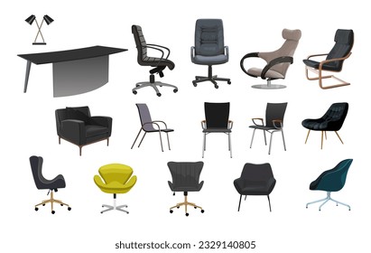 Office furniture set. Ergonomic furnishing objects for modern interior design collection with chairs, armchairs, manager table, lamp. Realistic vector illustrations isolated on white background