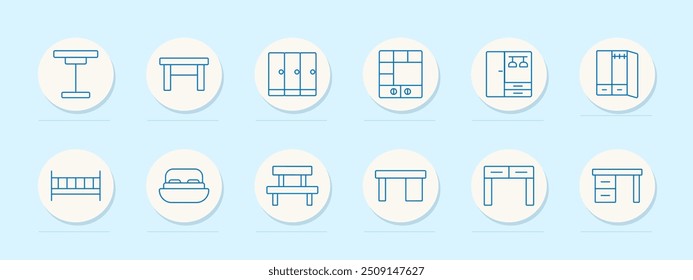 Office furniture set icon. Table, desk, cabinet, shelves, wardrobe, bed, seating, storage, interior, home, furnishing, decor, organization, design, workspace, furniture