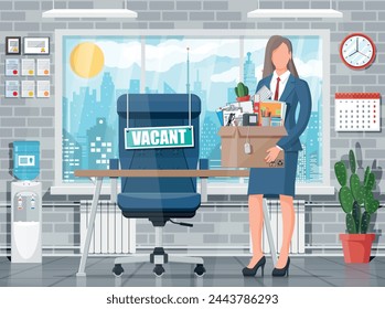 Office furniture, sign vacancy. Employee with box with office goods. Hiring and recruiting. Human resources management, searching professional staff, work. Found right resume. Flat vector illustration