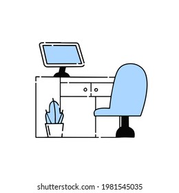 Office furniture. Table with computer, chair and potted plant. Interior of the working room. Outline Workspace