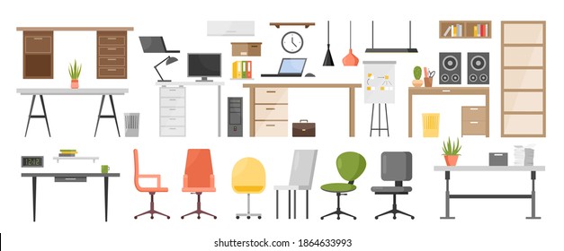 Office furniture vector illustration set. Cartoon ergonomic furnishing objects for modern interior design collection with chair and manager table with laptop, hanging lamp, bookcase isolated on white
