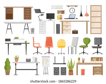 Ilustración vectorial de muebles de oficina aislada en blanco. Objetos ergonómicos de dibujos animados para una moderna colección de diseño interior con silla y mesa de gerente con ordenador portátil, lámpara colgante, biblioteca