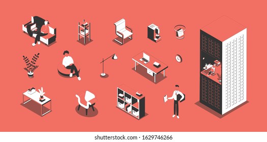 Office furniture workplace coffee machine documents files desk laptop building employees isometric elements set background vector illustration