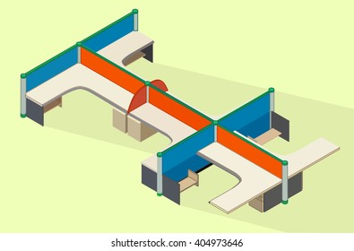 Office furniture workspace isometric flat vector 3d illustration. Empty cubicle workplace. Office desk isometric view.