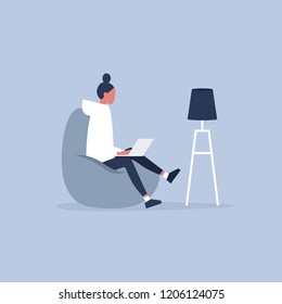 Office Furniture. Young Female Manager Sitting On The Bean Bag Chair. Daily Life. Flat Editable Vector Illustration, Clip Art