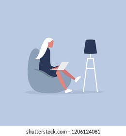 Office furniture. Young female manager sitting on the bean bag chair. Daily life. Flat editable vector illustration, clip art