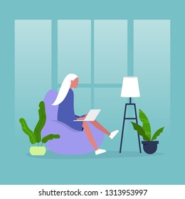 Office furniture. Young female manager sitting on the bean bag chair. Daily life. Flat editable vector illustration, clip art