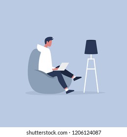 Office furniture. Young manager sitting on the bean bag chair. Daily life. Flat editable vector illustration, clip art